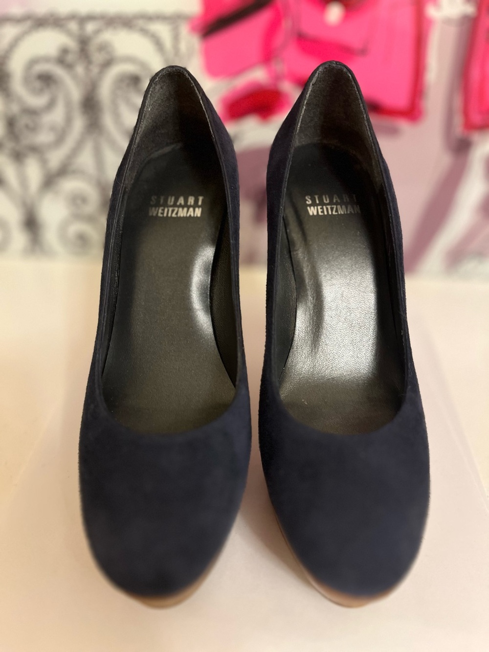 Stuart Weitzman Navy Suede Round-Toe Platform Pumps - Size 4.5M - 4.5” Heel